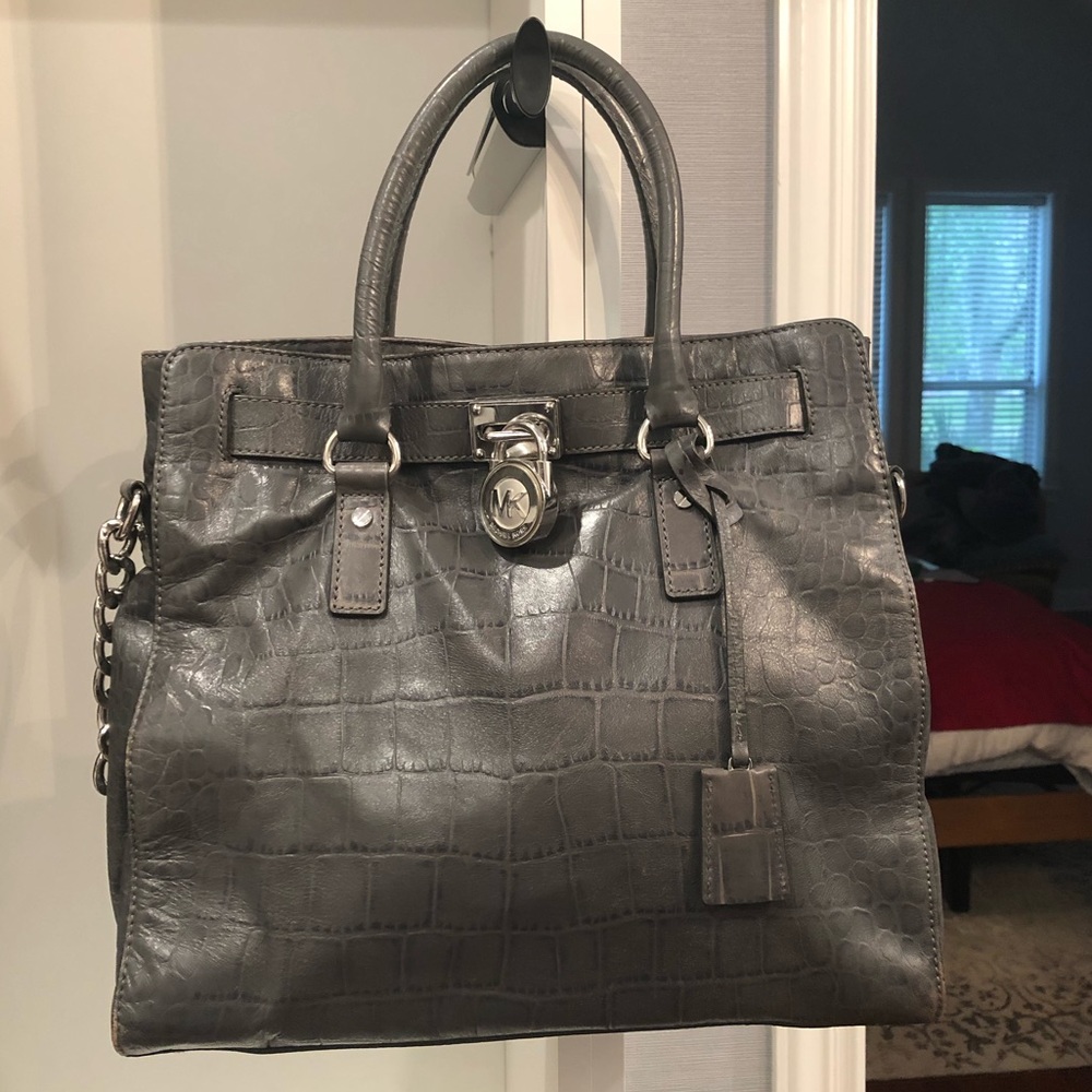MICHAEL KORS Large Hamilton Satchel Gray Croc EUC!